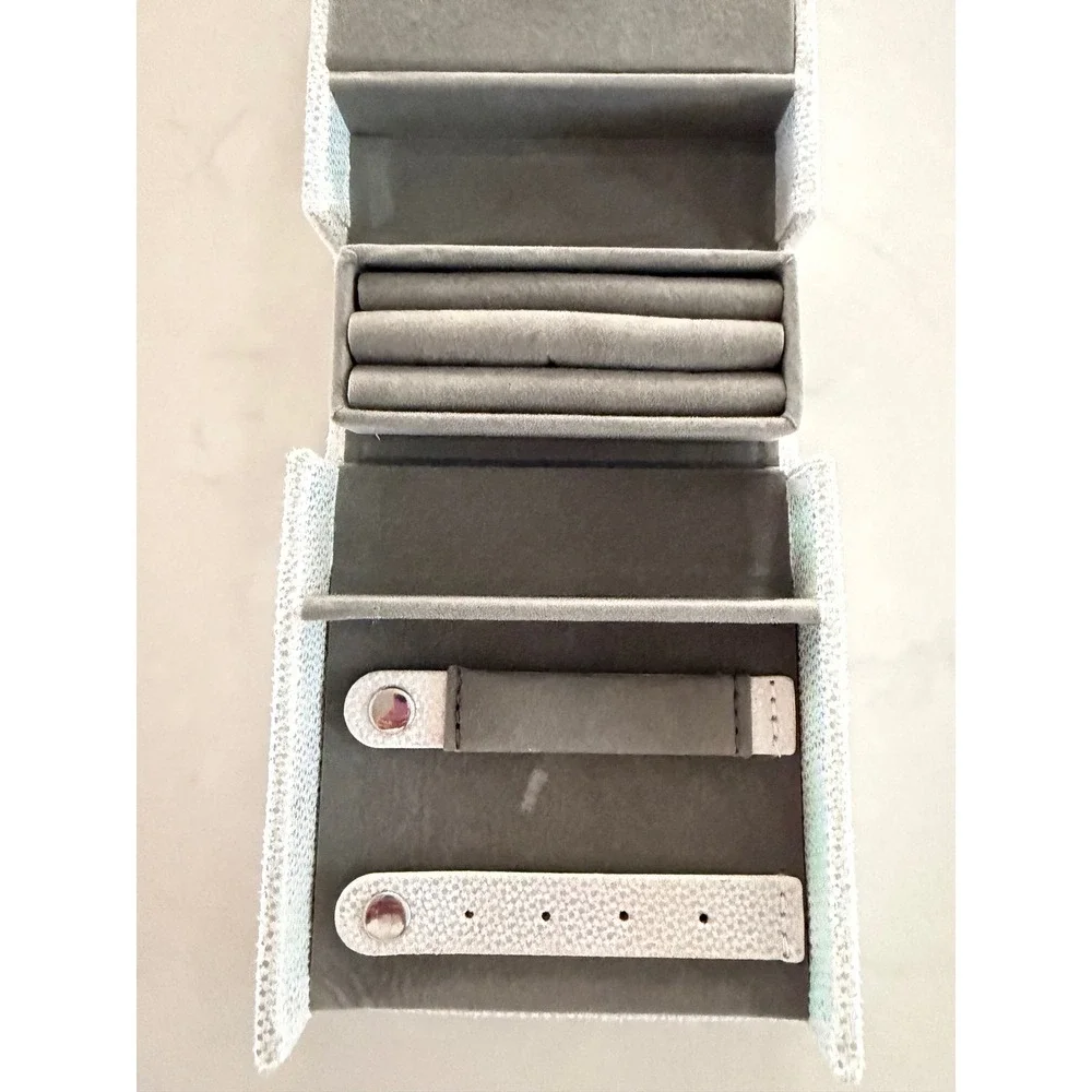 Nordstrom Silver Holographic Travel Jewelry‎ Organizer Box Grey Velvet Interior